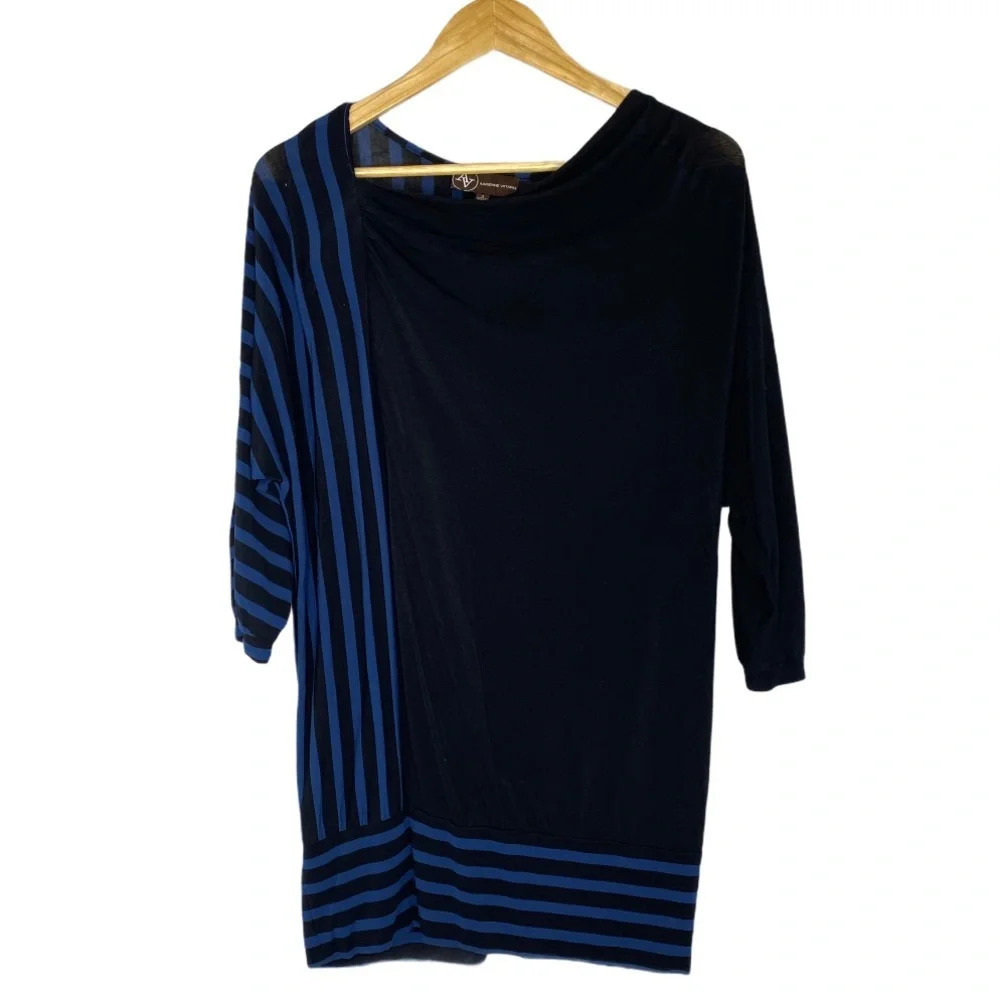 Adrienne Vittadini Black Blue Drape Front Mix Stripe Blouse Size Small